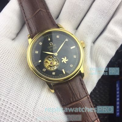 Copy Omega De Ville Tourbillon Watch Black Dial Gold Bezel Leather Strap